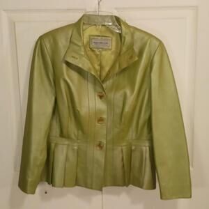 Vintage Sharon Young leather lined blazer pleated button down - green - M